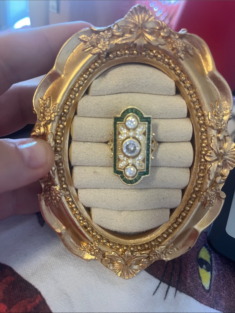Gold-Tone Green Enamel Decorative Cocktail Ring